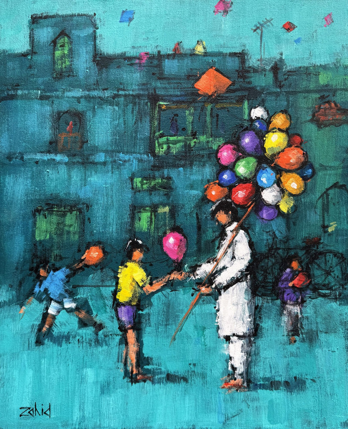Zahid Saleem Balloon Seller acrylic on canvas 13x16 inches balloon seller colorful balloons available
