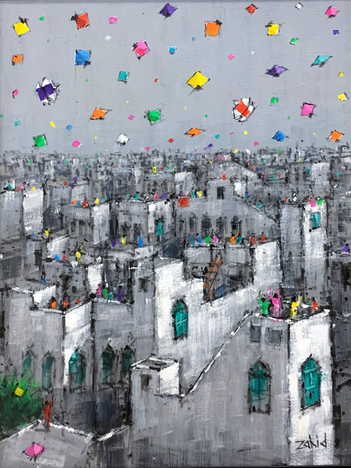 Zahid Saleem Basant Festival Cityscape acrylic on canvas 18x24 inches old Lahore rooftops colorful kites Basant festival
