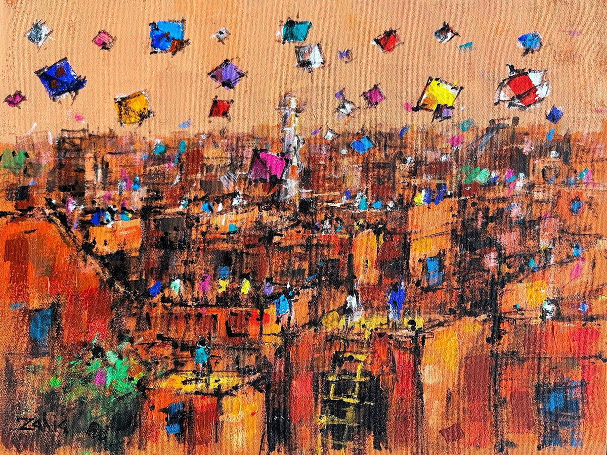 Zahid Saleem Beige Sky Basant Cityscape acrylic on canvas 13x16 inches old Lahore Basant kite festival beige golden cityscape painting
