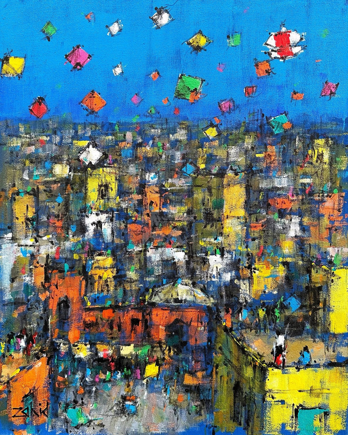 Zahid Saleem Blue Sky Basant Festival acrylic on canvas 16x20 inches Basant kite festival old Lahore blue sky yellow cityscape painting
