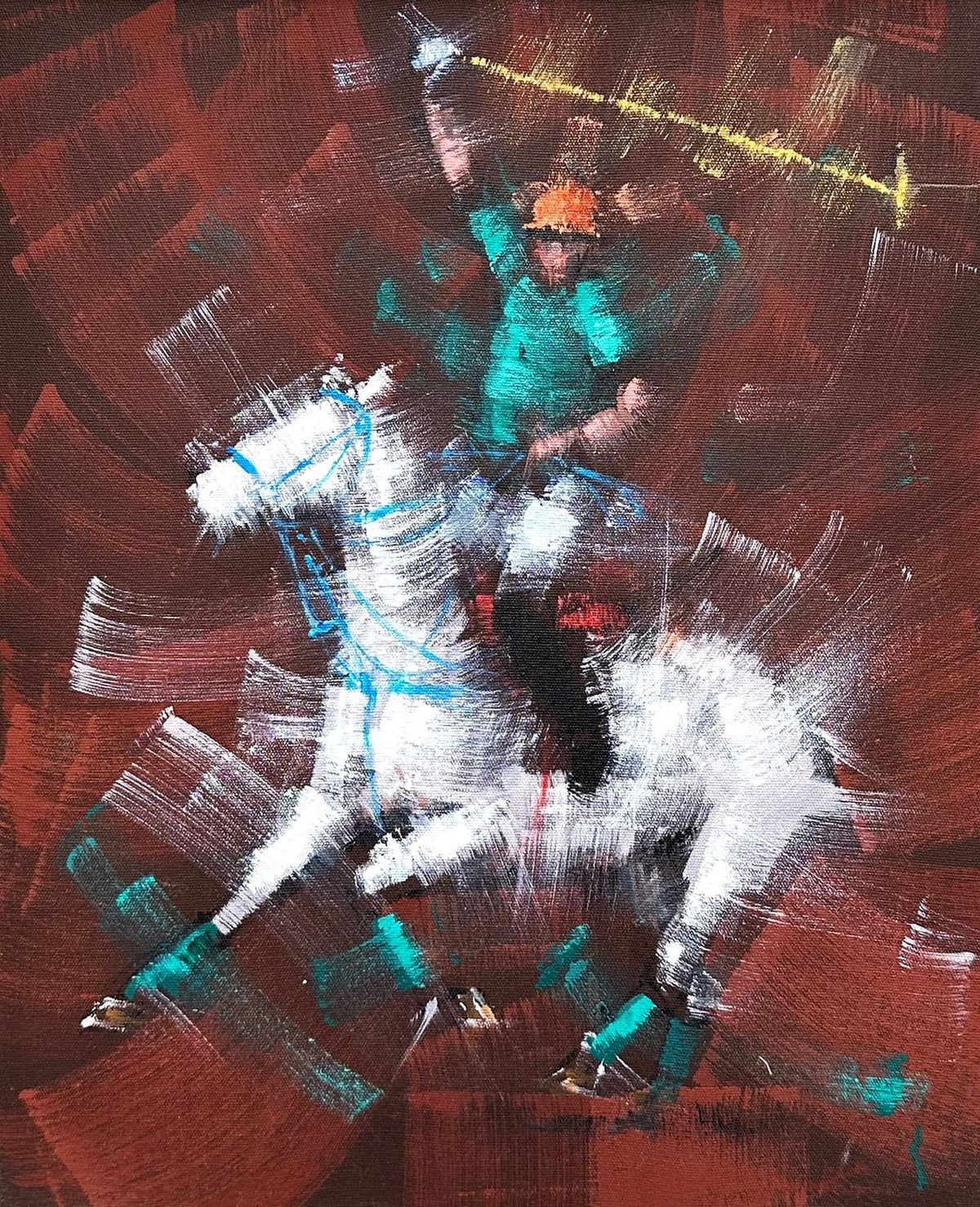Zahid Saleem Brown Polo Player Mallet Up acrylic on canvas 13x16 inches polo player white horse mallet raised brown background painting
