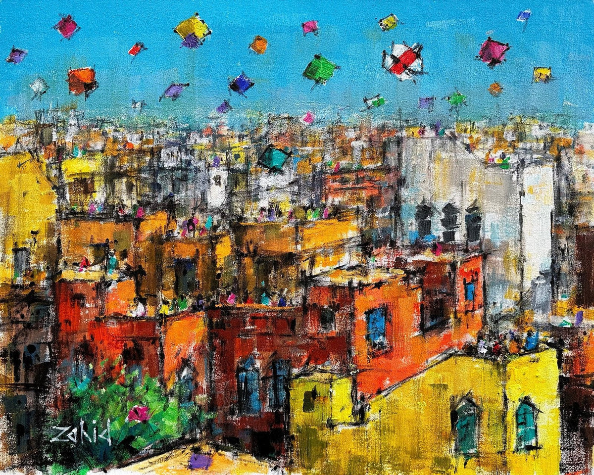 Zahid Saleem Cityscape Kite Festival acrylic on canvas 16x20 inches old city rooftops colorful kites Basant available
