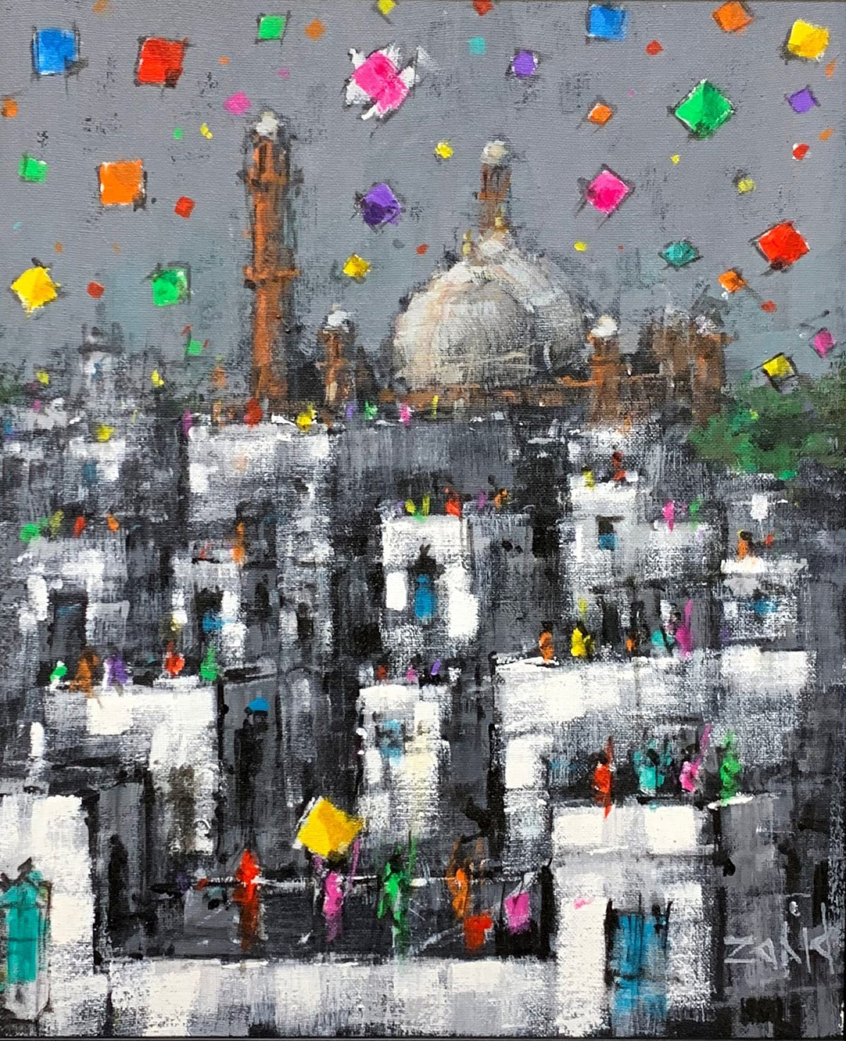 Zahid Saleem Mosque Basant Festival Cityscape acrylic on canvas 13x16 inches white domed mosque old Lahore Basant kites festival rooftops
