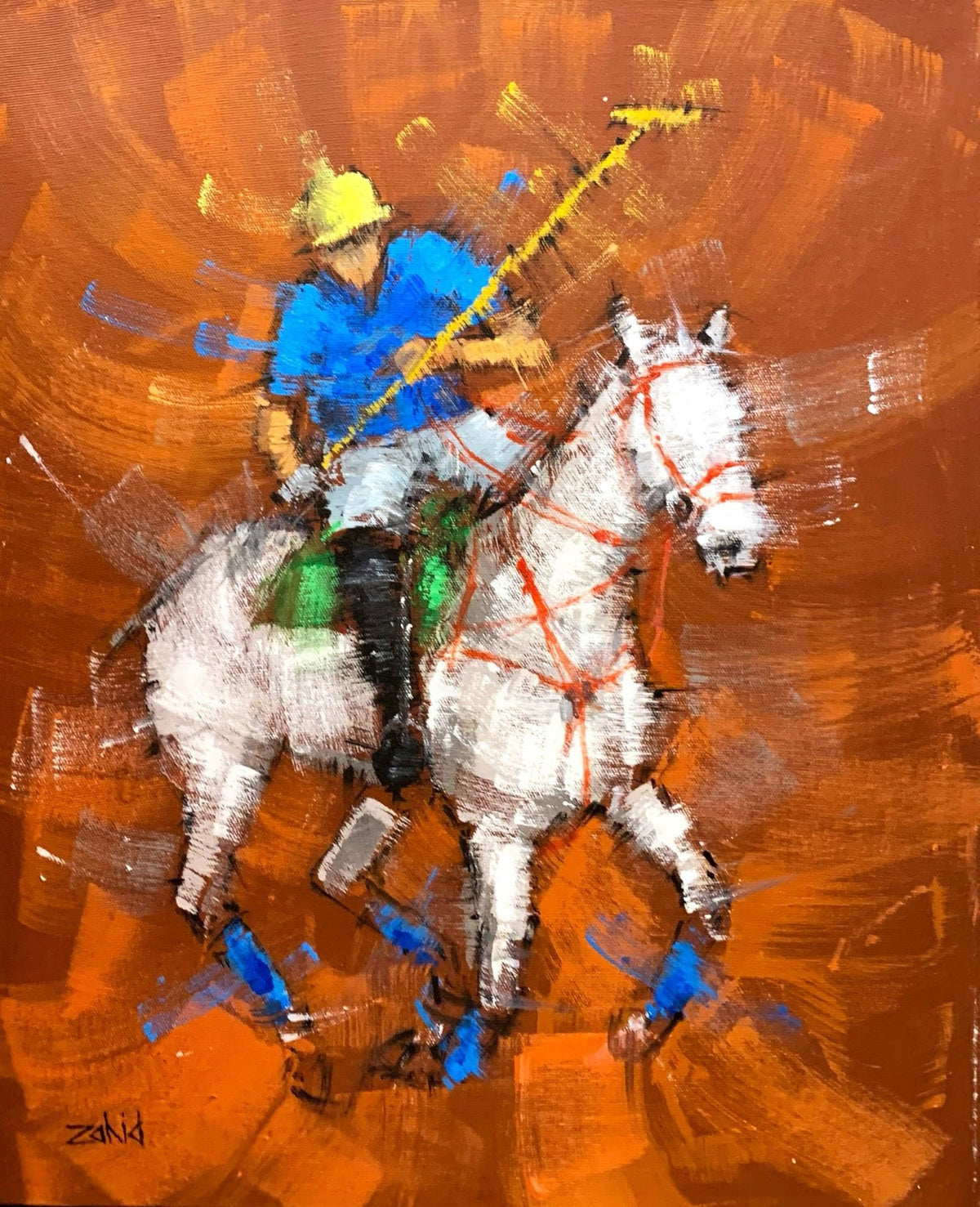Zahid Saleem Orange Polo Player Blue Jersey acrylic on canvas 13x16 inches polo player blue shirt white horse orange background painting
