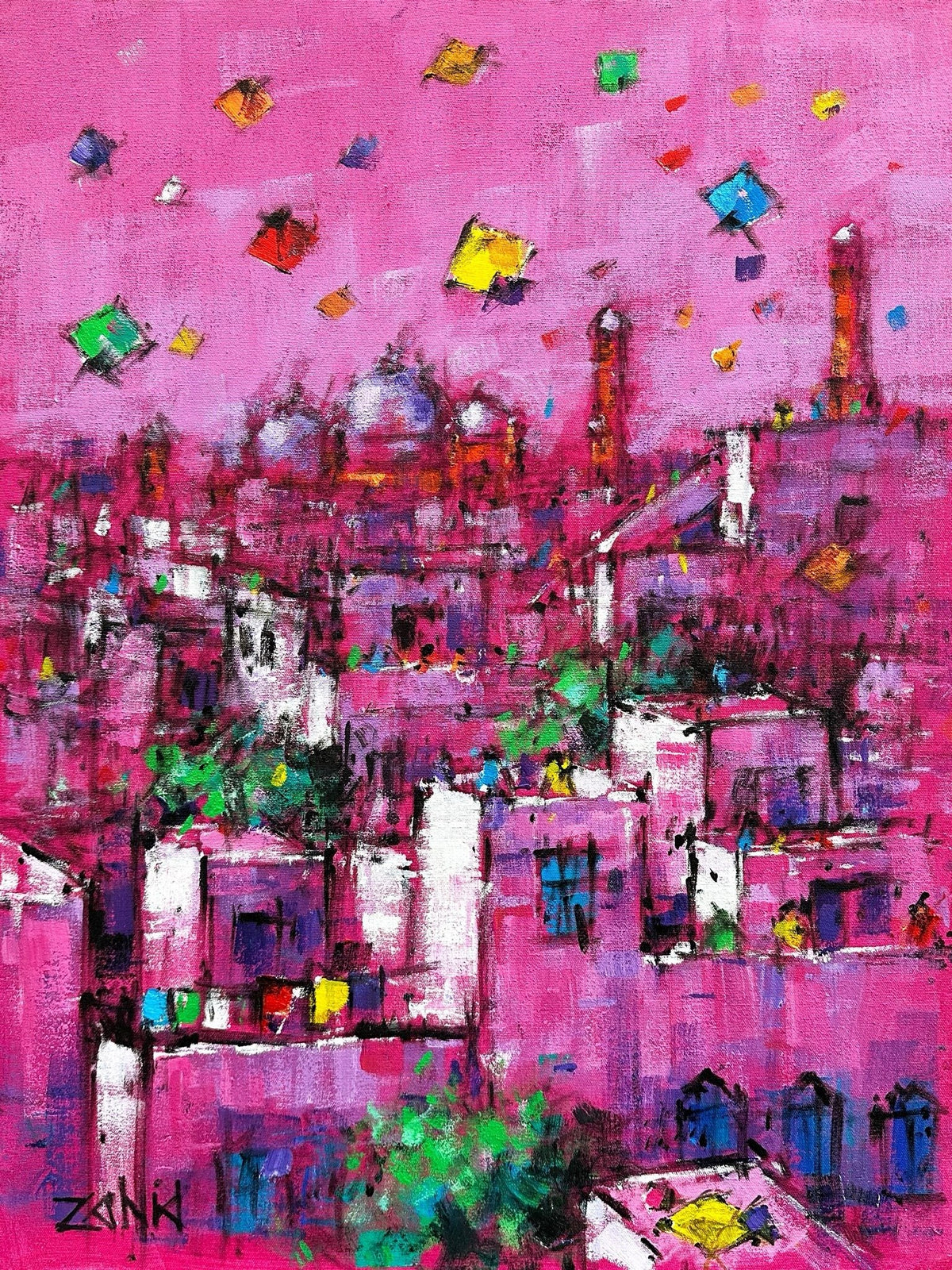 Zahid Saleem Pink Sky Basant Cityscape acrylic on canvas 18x24 inches old Lahore Basant kite festival magenta sky cityscape painting
