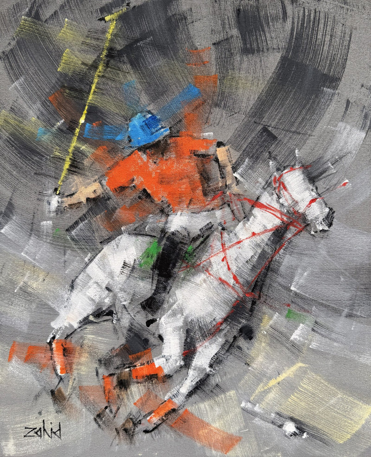 Zahid Saleem Polo Charge acrylic on canvas 13x16 inches polo player galloping white horse abstract
