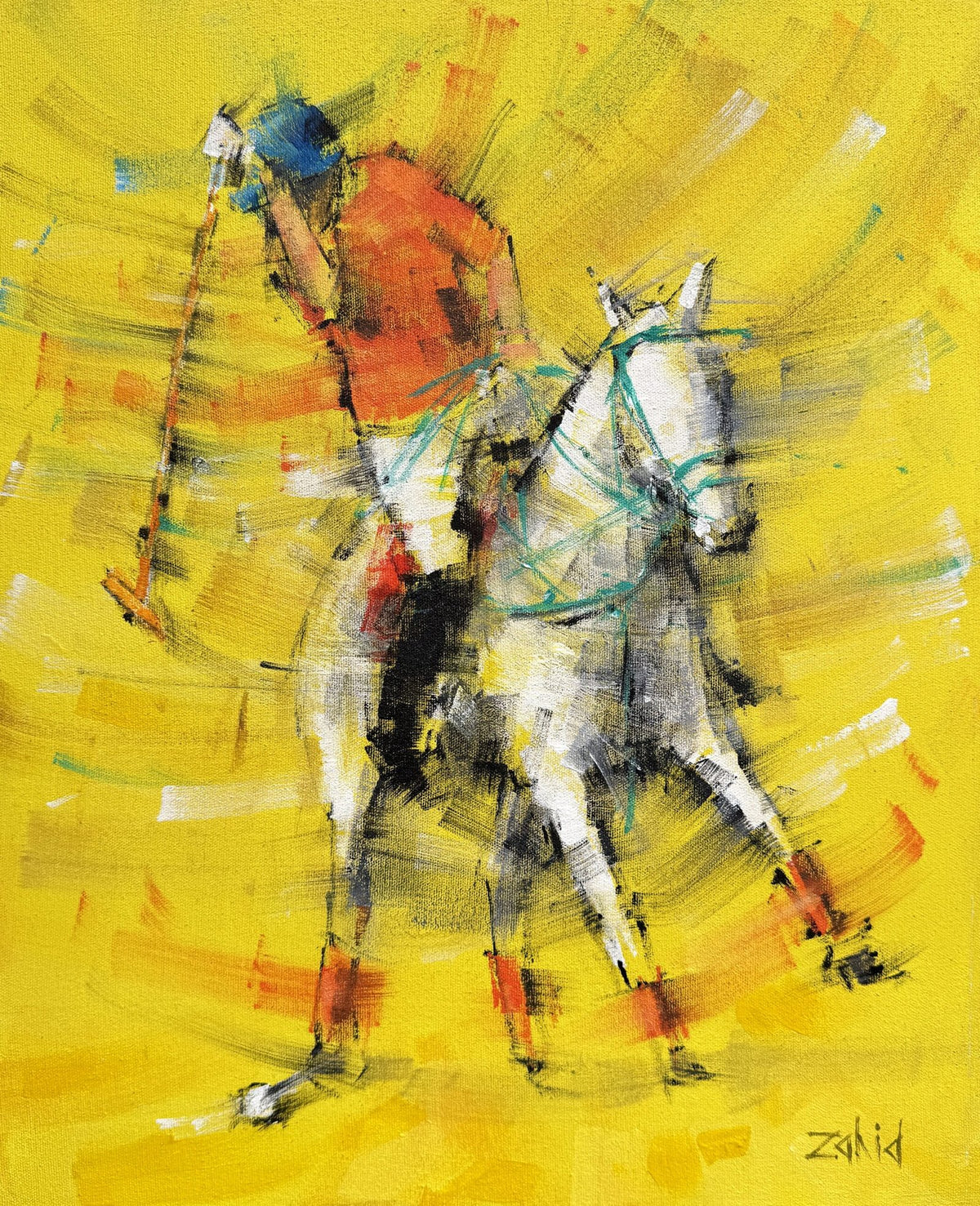 Zahid Saleem Polo Player acrylic on canvas 13x16 inches polo horse rider yellow background available
