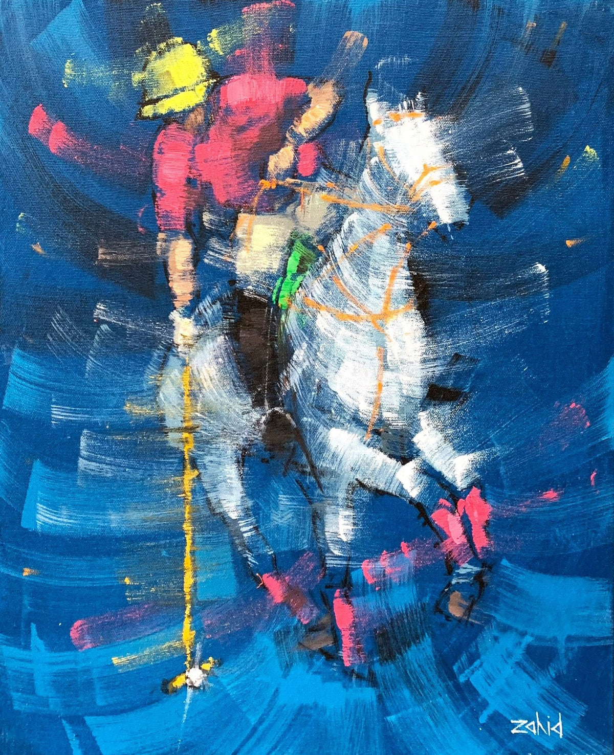Zahid Saleem Polo Player Blue Background acrylic on canvas 13x16 inches polo player white horse blue background abstract equestrian painting

