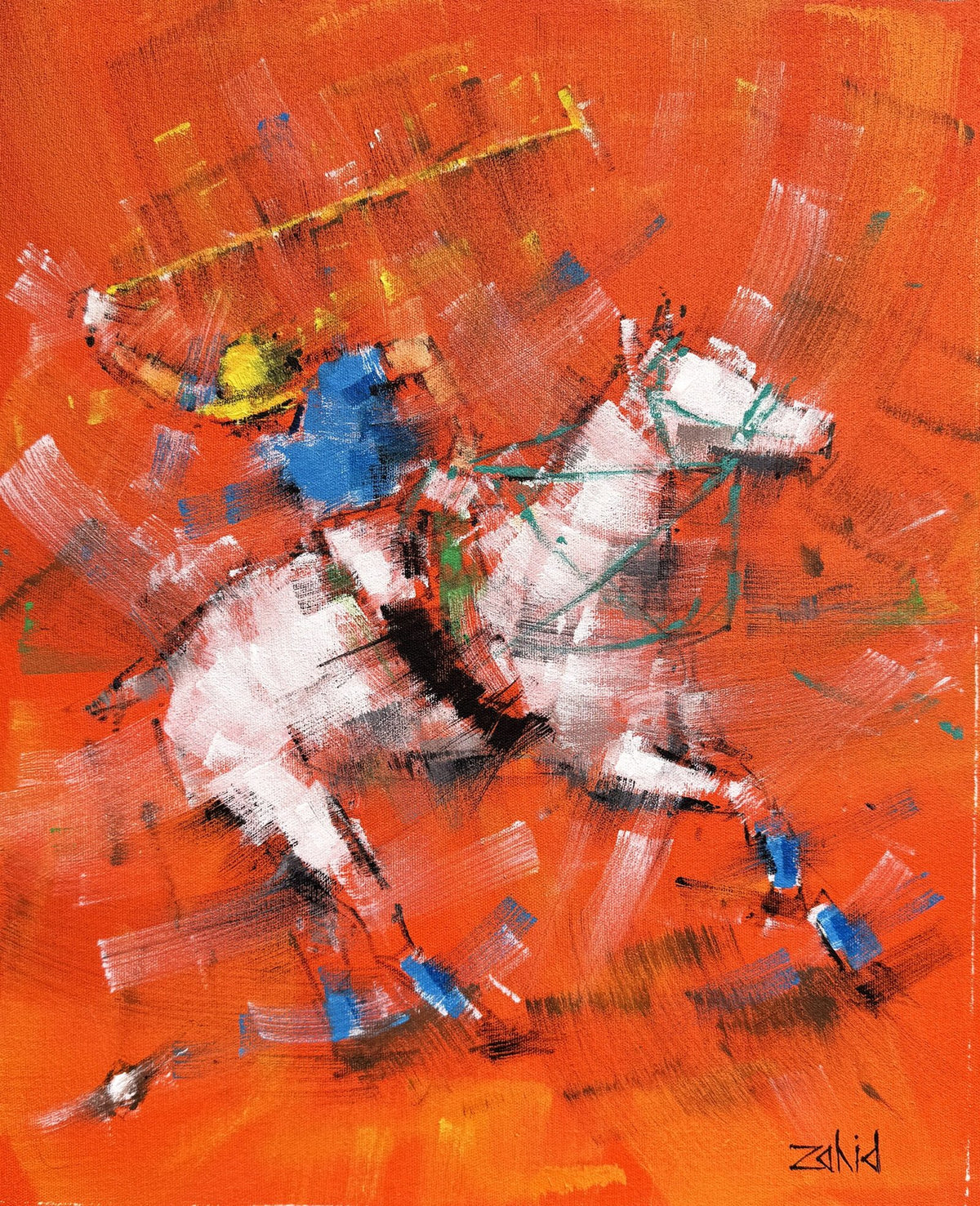 Zahid Saleem Polo Player orange background acrylic on canvas 13x16 inches polo horse blue jersey available
