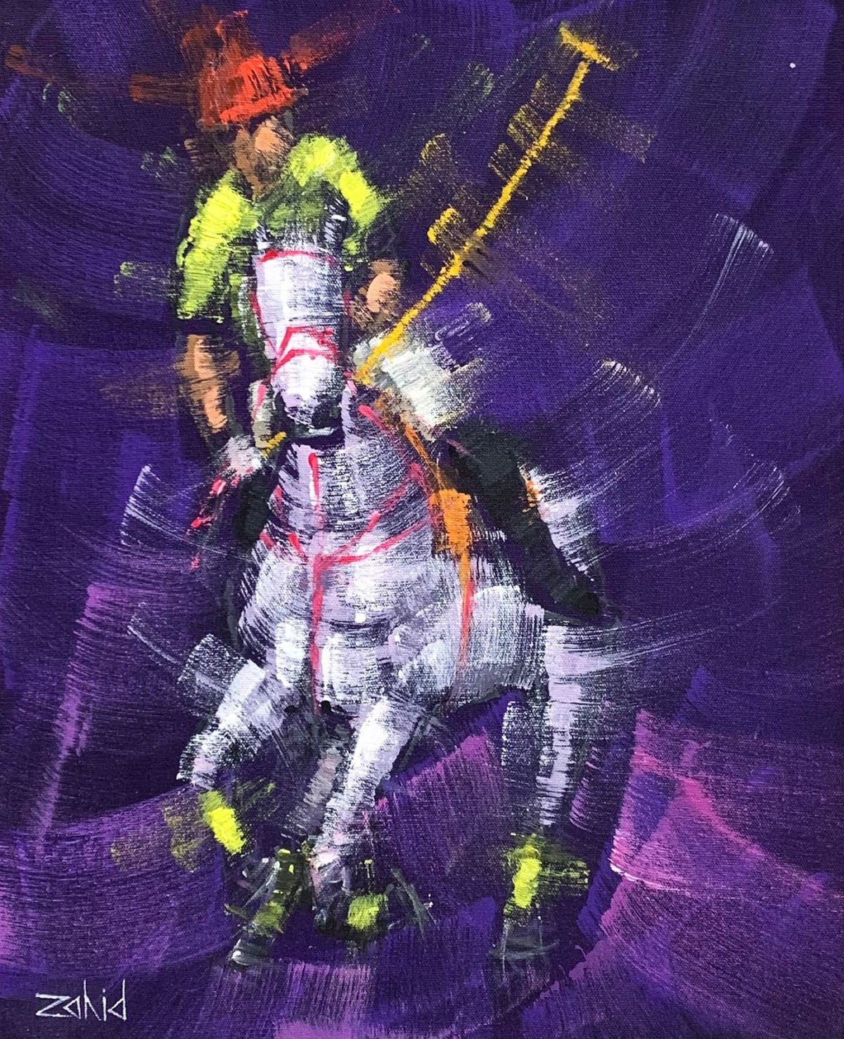 Zahid Saleem Polo Player Purple Background acrylic on canvas 13x16 inches polo player white horse purple background neon shirt equestrian painting

