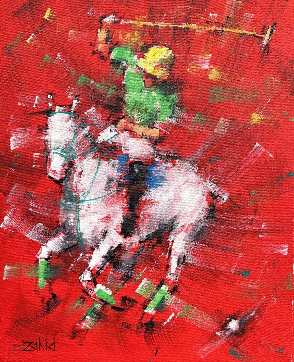 Zahid Saleem Polo Player red background acrylic on canvas 13x16 inches polo horse green jersey available
