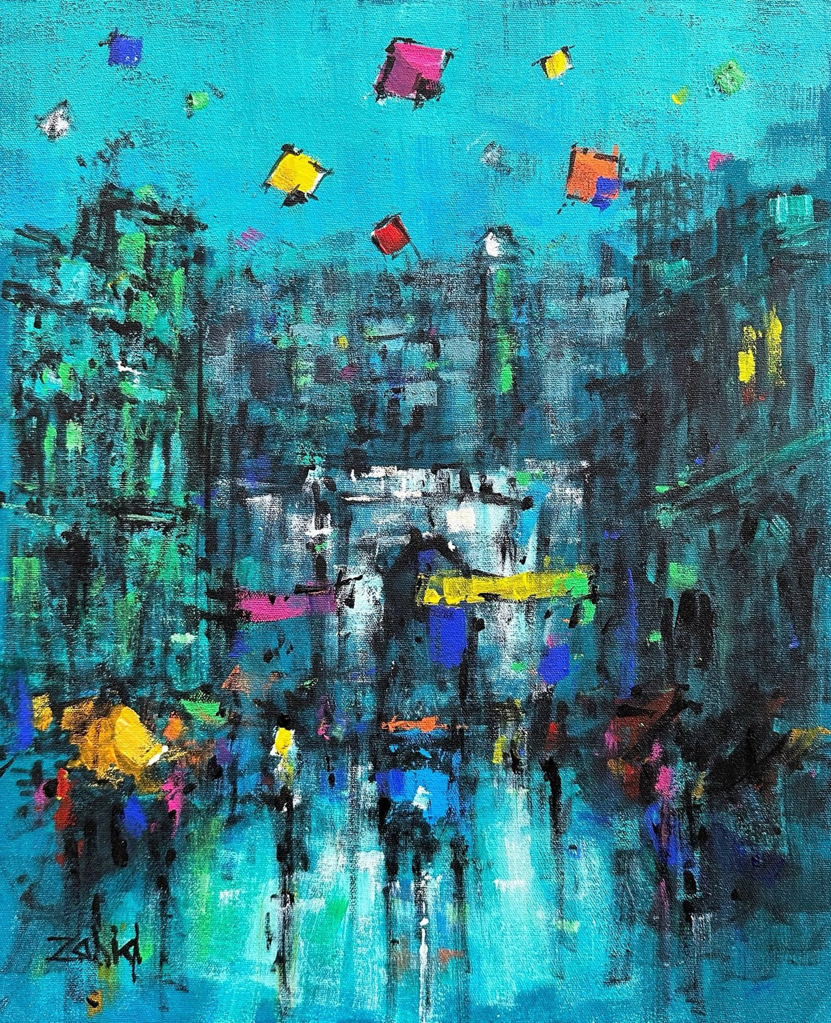 Zahid Saleem Teal Blue Cityscape Basant acrylic on canvas 13x16 inches old Lahore cityscape teal sky Basant kites rainy street painting
