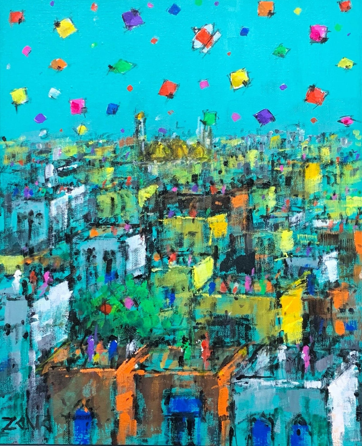 Zahid Saleem Turquoise Sky Basant Cityscape acrylic on canvas 13x16 inches old Lahore rooftops turquoise sky colorful kites Basant festival
