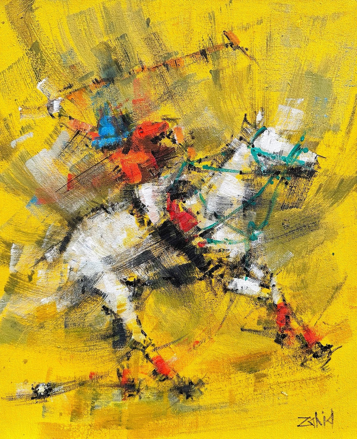 Zahid Saleem Yellow Polo Player Action acrylic on canvas 13x16 inches polo player on horseback yellow abstract painting
