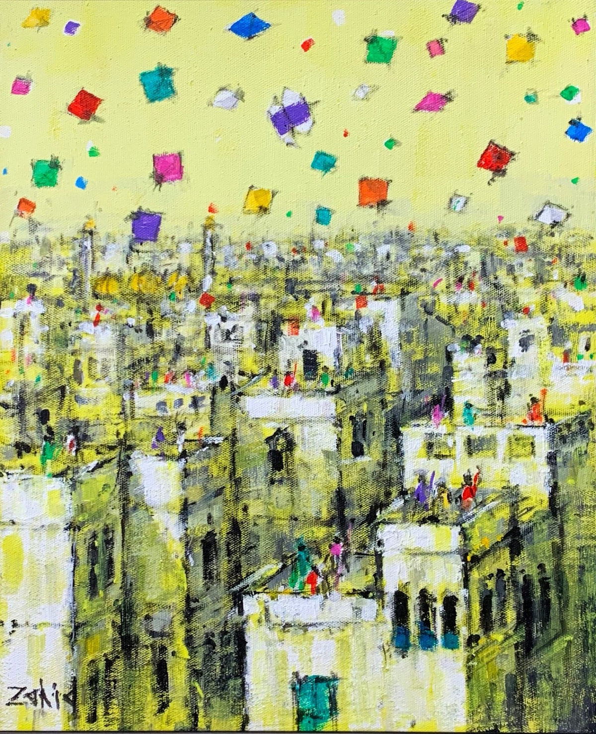 Zahid Saleem Yellow Sky Basant Cityscape acrylic on canvas 13x16 inches old Lahore walled city pale yellow sky colorful Basant kites festival
