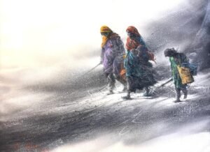 ali-abbas-desert-journey-thari-women-watercolor-22x31-sold Ali Abbas Desert Journey 22x31 in watercolor on paper, Thari women child dust storm Pakistani artist sold