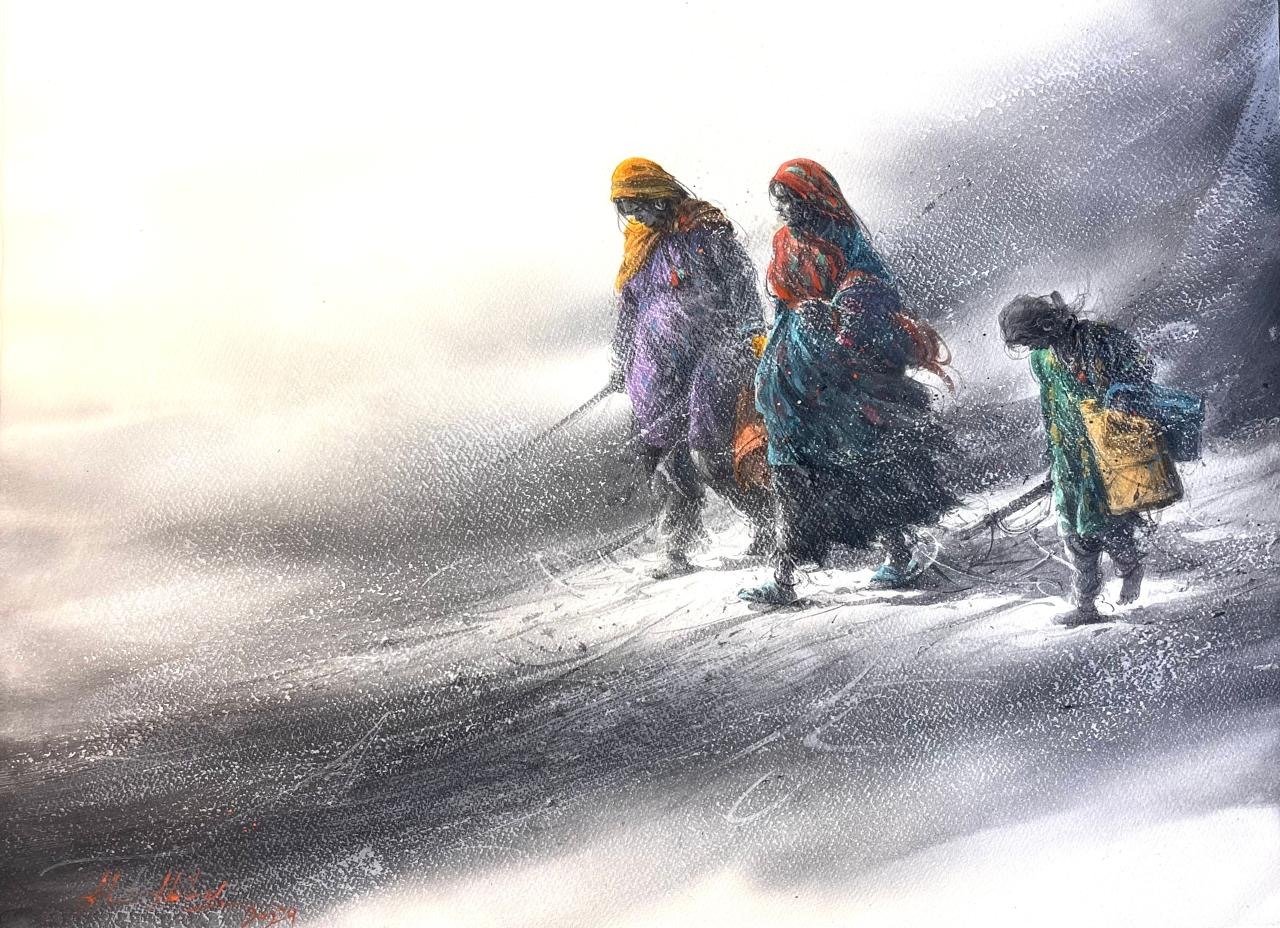 ali-abbas-desert-journey-thari-women-watercolor-22x31-sold Ali Abbas Desert Journey 22x31 in watercolor on paper, Thari women child dust storm Pakistani artist sold