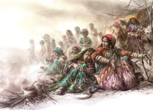 ali-abbas-gatherings-thari-women-camp-watercolor-22x31-2024-sold Ali Abbas Gatherings 22x31 in watercolor on paper 2024, Thari women children camp dust Pakistani artist sold