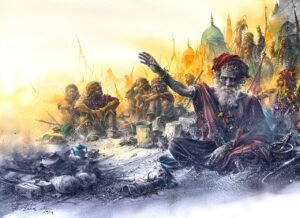 ali-abbas-mystical-gatherings-sufi-dervish-watercolor-22x31-2024-sold Ali Abbas Mystical Gatherings 22x31 in watercolor on paper 2024, Sufi dervish raised hand shrine domes Pakistani artist sold