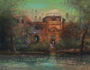 aq-arif-echoes-past-mughal-green-acrylic-22x28 A.Q. Arif Echoes of the Past 22x28 in acrylic on canvas, red brick Mughal structure white dome lush greenery turquoise water figure Pakistani artist