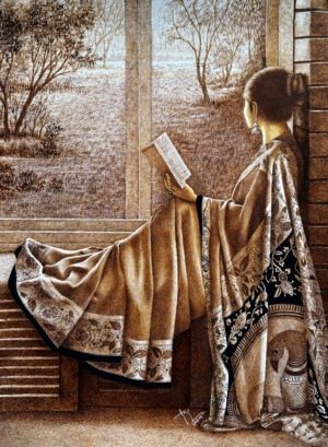 asif-ghayaz-solitude-and-serenity-22x31-penink Asif Ghayaz Solitude and Serenity 22x31 pen ink on paper, woman reading by window garden view drawing