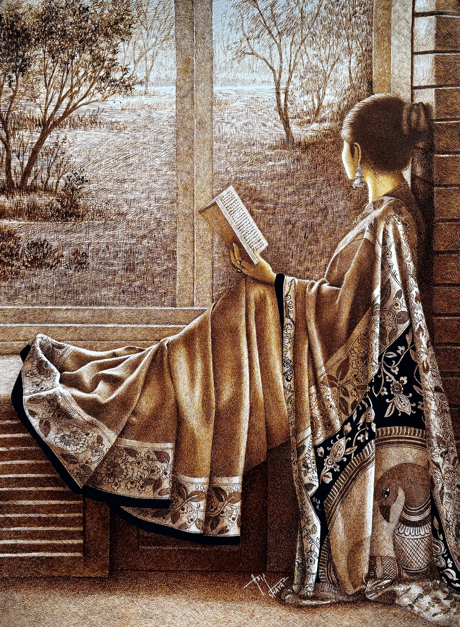 asif-ghayaz-solitude-and-serenity-22x31-penink Asif Ghayaz Solitude and Serenity 22x31 pen ink on paper, woman reading by window garden view drawing