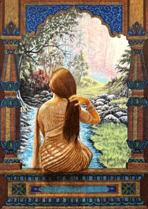 Girl by River Window Asif Ghayaz 22x31 pen ink on paper, woman sitting at window looking at river landscape decorative frame Pakistani art