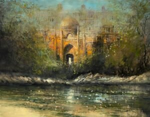 timeless-reflectionsraqarif Timeless Reflections A.Q. Arif 2022. 22x28 acrylic on canvas. Mughal dome by water with soft reflection. Dreamy Lahore heritage art.