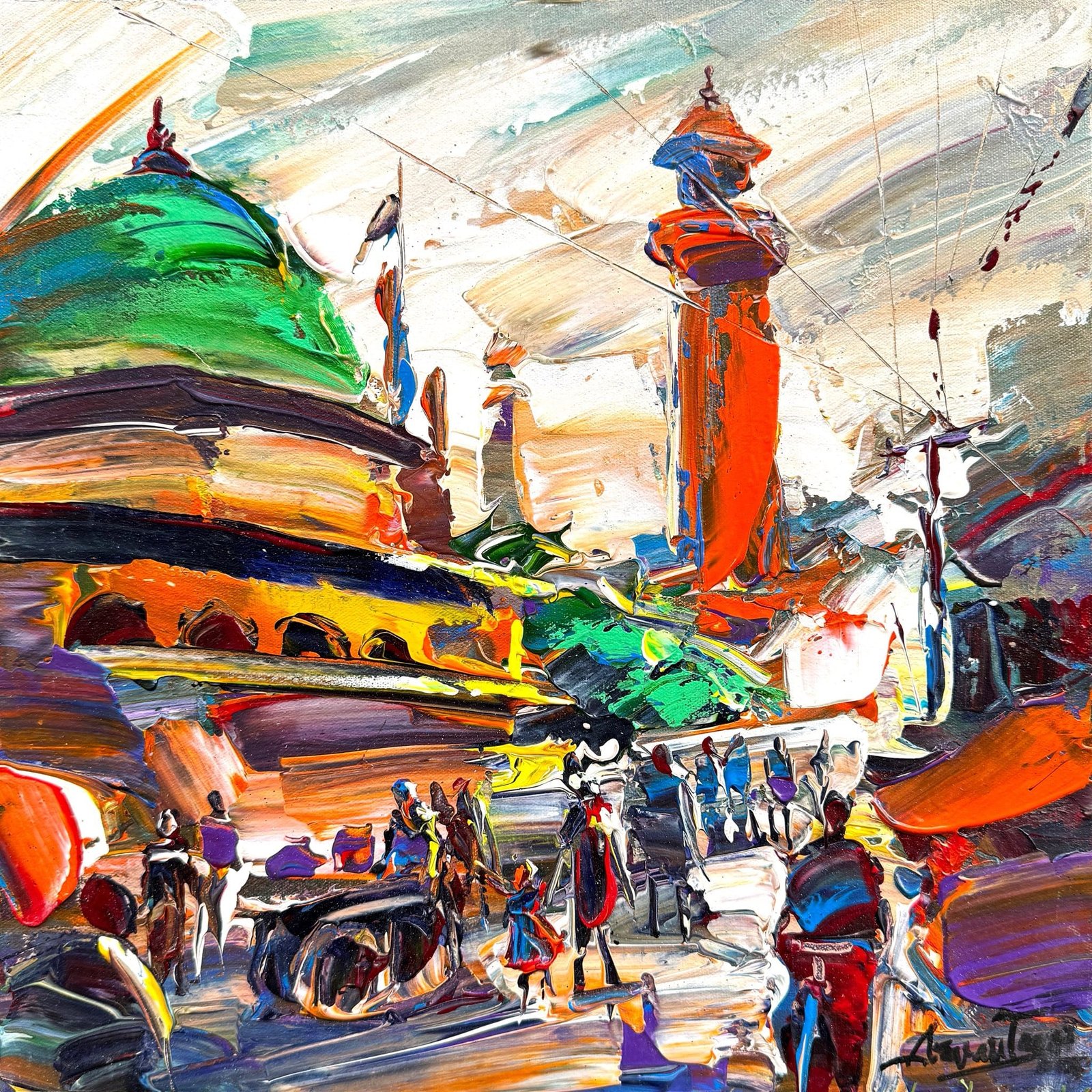 Asrar Farooqi  | Title: Vibrant Cityscape  | Medium: Oil on Canvas  | Size: 12x12 inches