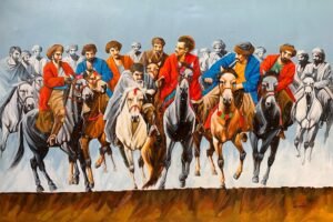 3_img_7020 Momin Khan
 | Title: Buzkashi
 | Medium: Oil On Canvas 
 | Size: 48 x 72 inches