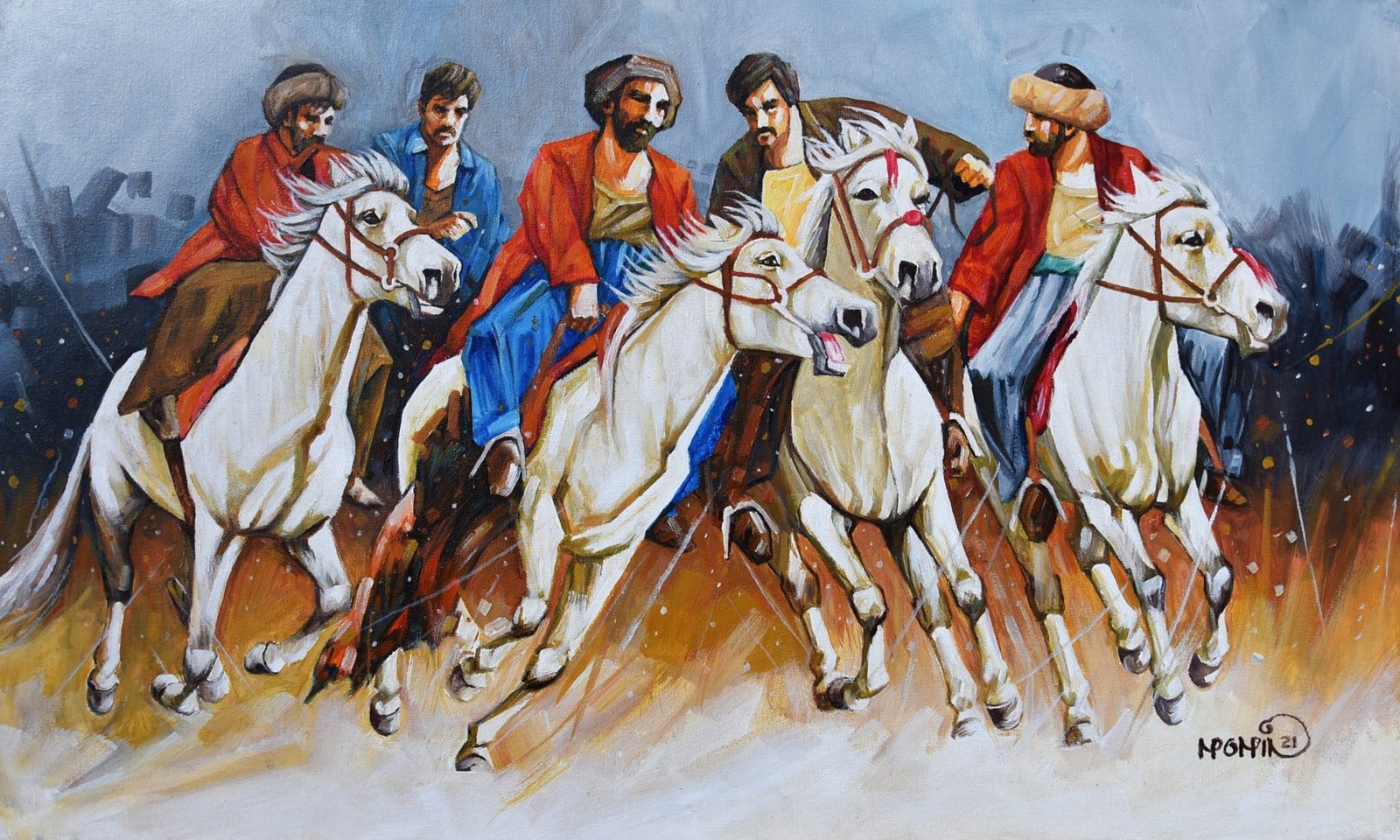 Momin Khan  | Title: Buzkashi  | Medium: Oil On Canvas   | Size: 18 x 30 inches
