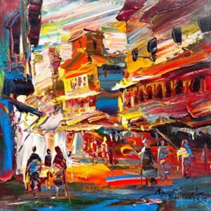 Asrar Farooqi  | Title: Vibrant Cityscape  | Medium: Oil on Canvas  | Size: 12x12 inches