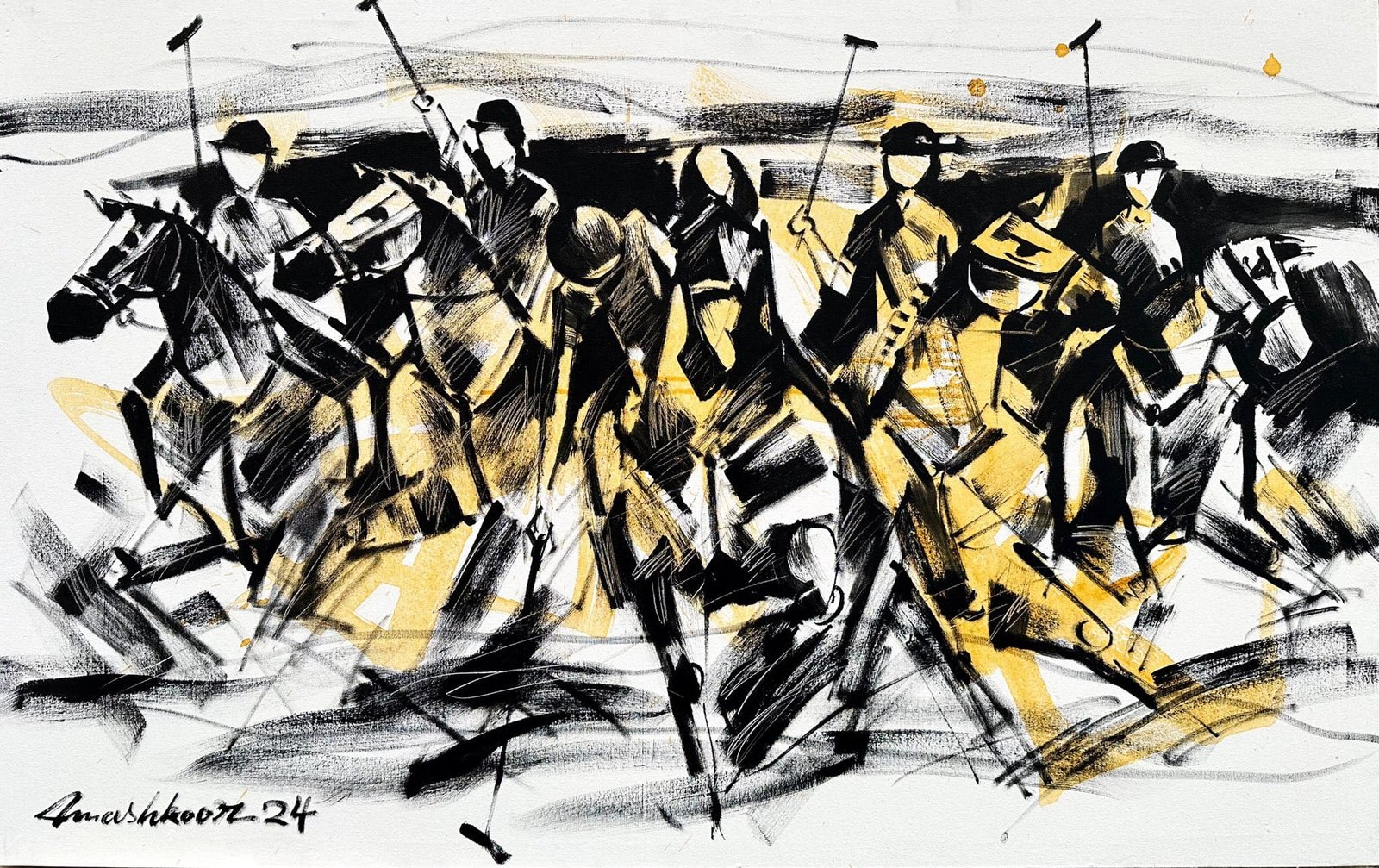 Mashkoor Raza | Title: Polo Players | Medium: Oil On Canvas | Size: 30x48 inches