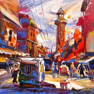 Asrar Farooqi  | Title: Vibrant Cityscape  | Medium: Oil on Canvas  | Size: 12x12 inches