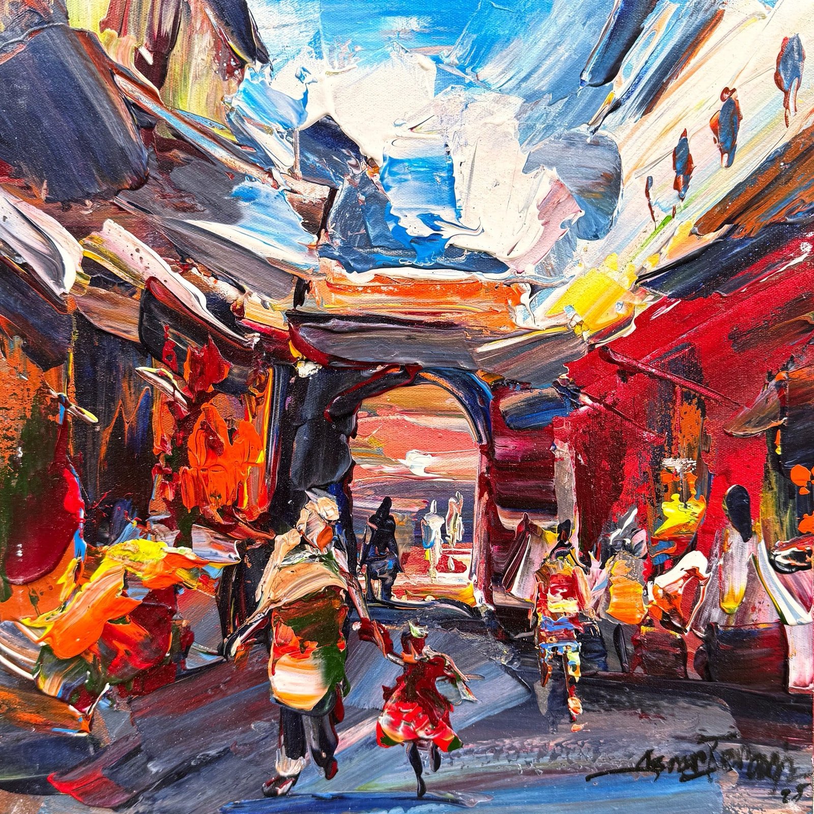 Asrar Farooqi  | Title: Vibrant Cityscape  | Medium: Oil on Canvas  | Size: 12x12 inches