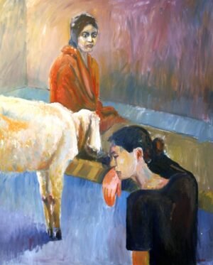 Iqbal Hussain  | Title: Silent Conversations  | Medium: Oil On Canvas   | Size: 48 x 60 inches