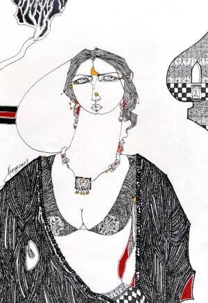 Abrar Ahmed Untitled 2023 pen on paper 11x16 inches, folk line portrait woman jewelry red accents architectural motif Pakistani artist