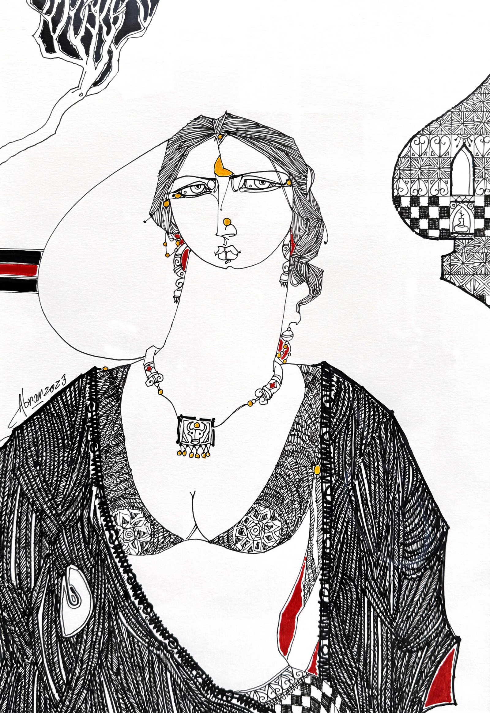 abrar-ahmed-untitled-pen-art-11x16-folk-portrait-2 Abrar Ahmed Untitled 2023 pen on paper 11x16 inches, folk line portrait woman jewelry red accents architectural motif Pakistani artist