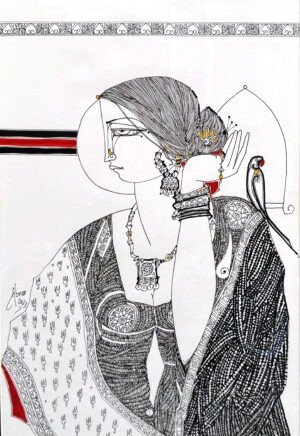 Abrar Ahmed Untitled 2023 pen on paper 11x16 inches, folk portrait woman traditional jewelry bangles line art Pakistani artist