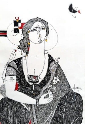 abrar-ahmed-untitled-woman-pen-paper-11x16-2023 Abrar Ahmed Untitled 11x16 pen on paper, woman line art drawing abstract geometric elements red accents modern Pakistani art 2023