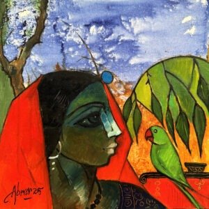 Abrar Ahmed Whispers of the Parrot 14x14 in oil on canvas, folk art portrait woman red dupatta green parrot willow leaves Pakistani artist