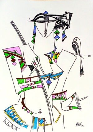 ashkal-naveed-rhythm-of-colors-pen-paper-12x16 Ashkal Naveed The Rhythm of Colors 2022 pen on paper 12x16 inches, geometric figure with flute bird tribal patterns pink green blue yellow Pakistani artist.