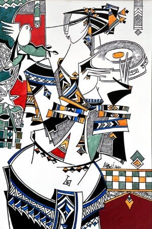 ashkal-naveed-rhythms-of-culture-acrylic-canvas-24x36 Ashkal Naveed Rhythms of Culture 2022 acrylic on canvas 24x36 inches, geometric figure with drum bird tribal patterns orange blue red Pakistani artist