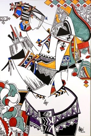 ashkal-naveed-rhythms-of-culture-ii-acrylic-canvas-24x36 Ashkal Naveed Rhythms of Culture 2022 acrylic on canvas 24x36 inches, geometric tribal woman with drum large earring orange red teal purple Pakistani artist