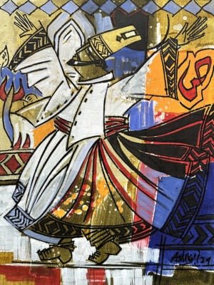 ashkal-naveed-whirling-soul-calligraphy-acrylic-canvas-12x16 Ashkal Naveed Whirling Soul 2021 acrylic on canvas 12x16 inches, Sufi dervish whirling with Urdu calligraphy Ali flame gold orange blue Pakistani artist