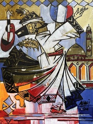 ashkal-naveed-whirling-soul-mosque-acrylic-canvas-12x16 Ashkal Naveed Whirling Soul 2021 acrylic on canvas 12x16 inches, Sufi dervish whirling with mosque minaret gold red white blue Pakistani artist
