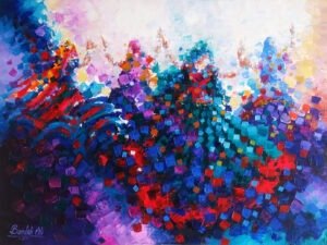 Bandah Ali Colors of Celebrations abstract mosaic 36x48 inches oil on canvas, colorful squares celebratory composition Karachi artist sold