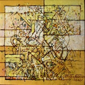 Chitra Pritam Abstract Painting 10x10 2021 oil on canvas, sold out, original square abstract with golden ochre tones and linear marks, signed 2021
