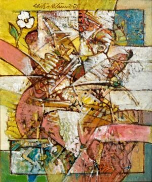 Chitra Pritam Abstract Painting 10x12 2021 oil on canvas, sold out, original fragmented abstract artwork with yellow pink rust teal, signed 2021, Pakistani contemporary art