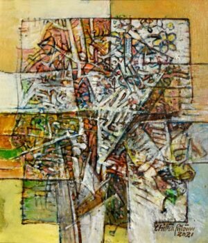 Chitra Pritam Abstract Painting 12x14 2021 oil on canvas, sold out, original fragmented expressionist artwork with mustard rust green, signed 2021, Pakistani contemporary art